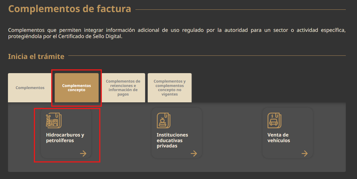 Captura del sitio SAT — sección de complementos